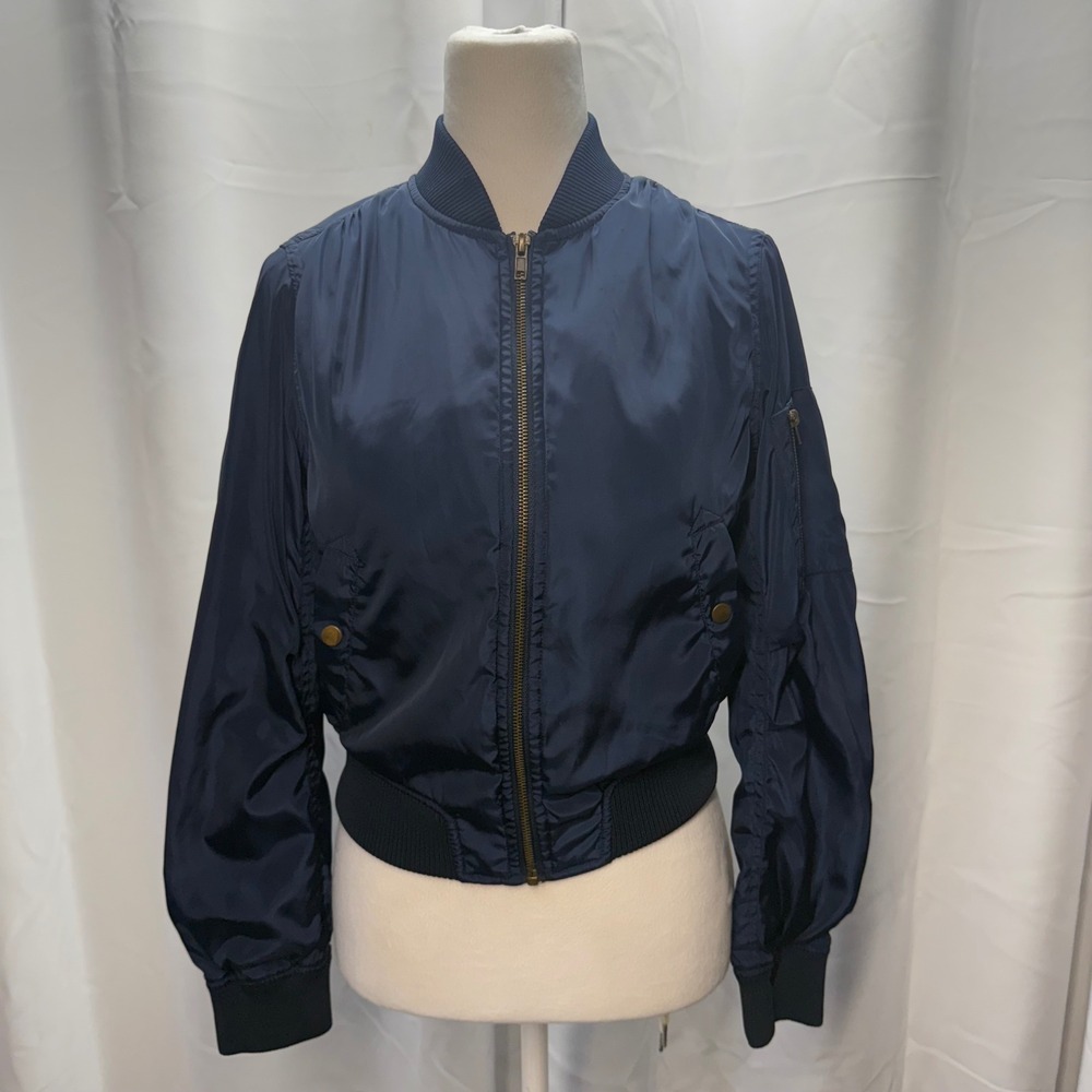 Romeo + Juliet Couture Navy Blue Cropped Bomber Jacket Size Small